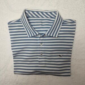 Vineyard Vines Polo Shirt Mens Medium Blue White Stripe Performance Golf Stretch